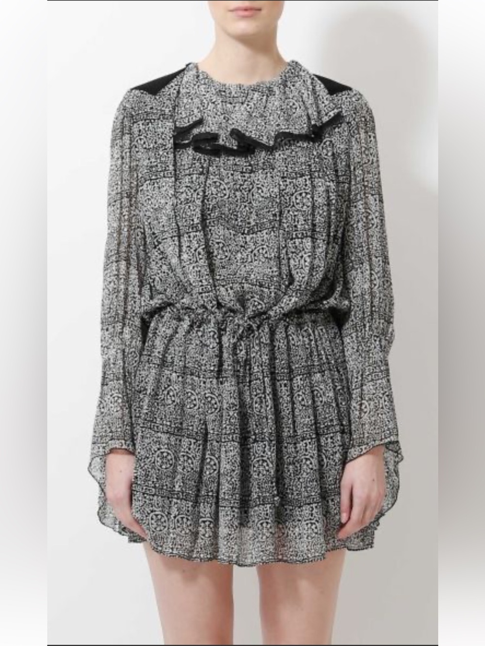 NWT Balenciaga Black & White Paisley Printed Long-Sleeve Mini Dress, 38 French.